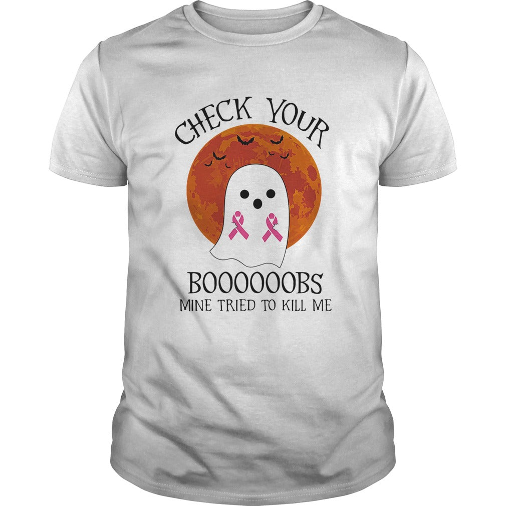Check Your Boooooobs Mine Tried To Kill Me Sunset Cancer Awareness shirt