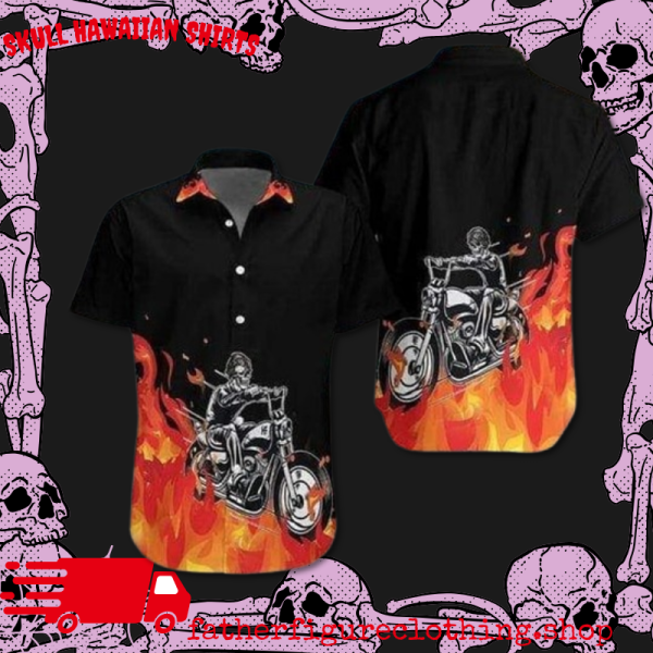 3D Motorcycle Skull On Fire Hawaiian Shirt
