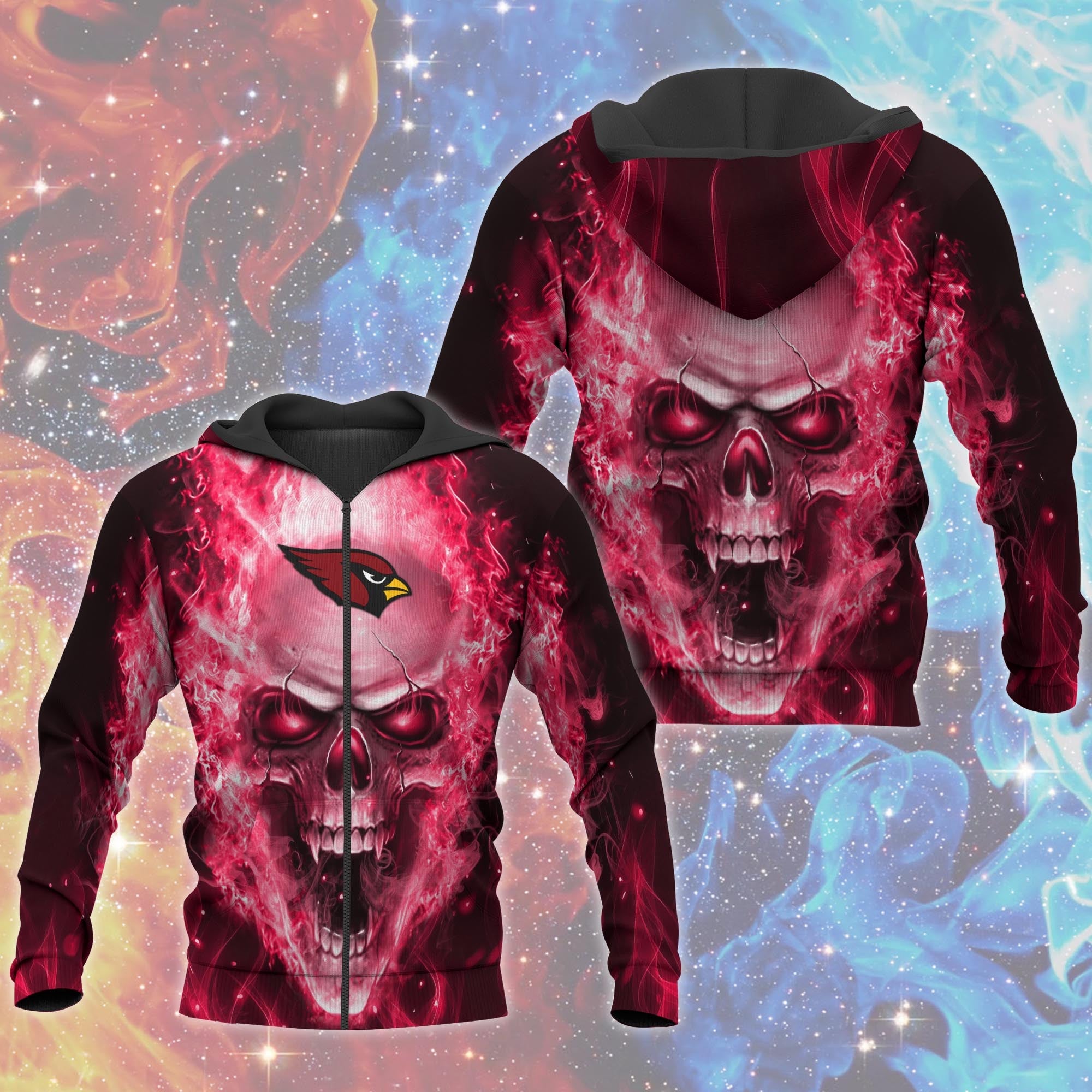 3D Nfl Printed Arizona Cardinals Skull Hoodies With Zipper Pullover