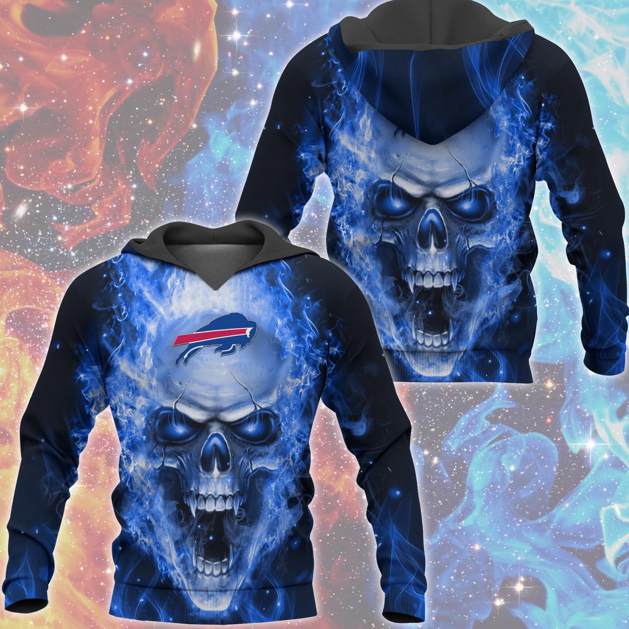3D Nfl Printed Buffalo Bills Skull Hoodies With Zipper Pullover