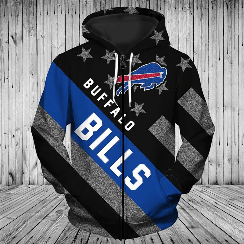 3D Nfl Printed Buffalo Bills Zipper Hoodies Striped Banner