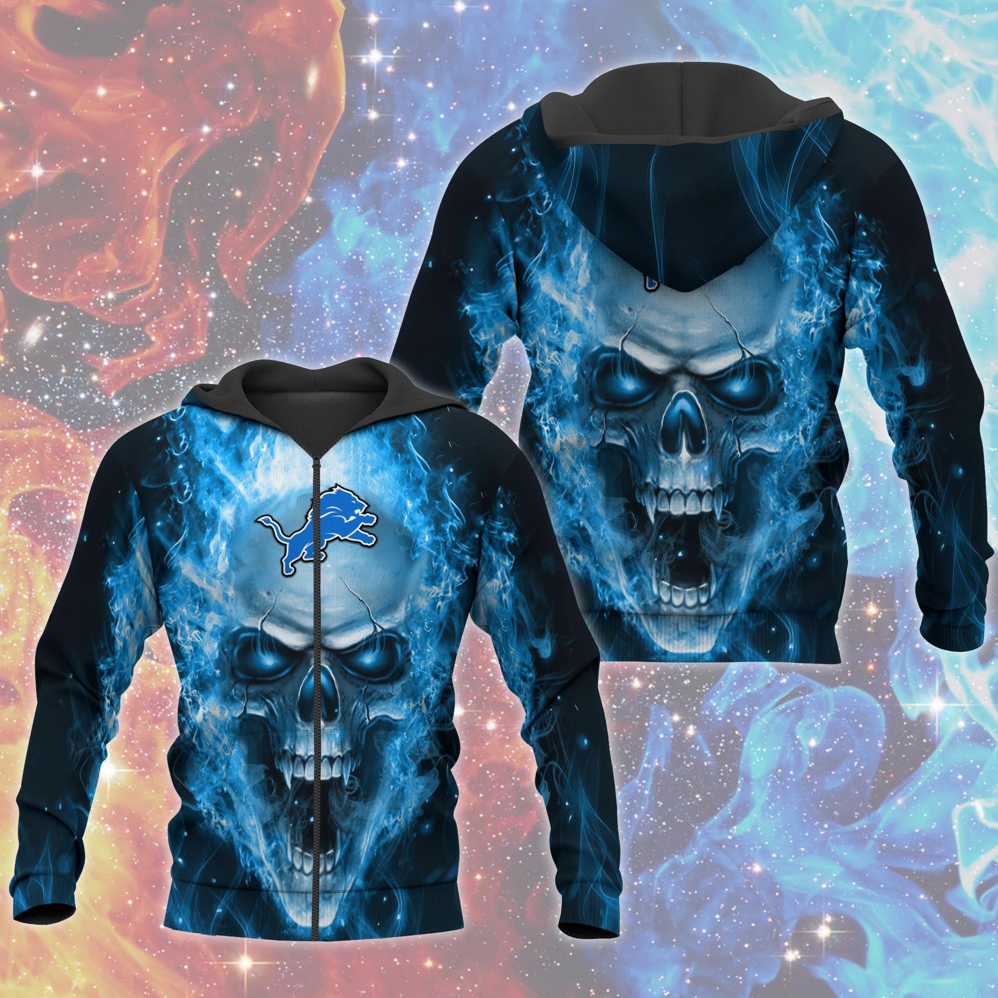 3D Nfl Printed Detroit Lions Skull Hoodies With Zipper Pullover