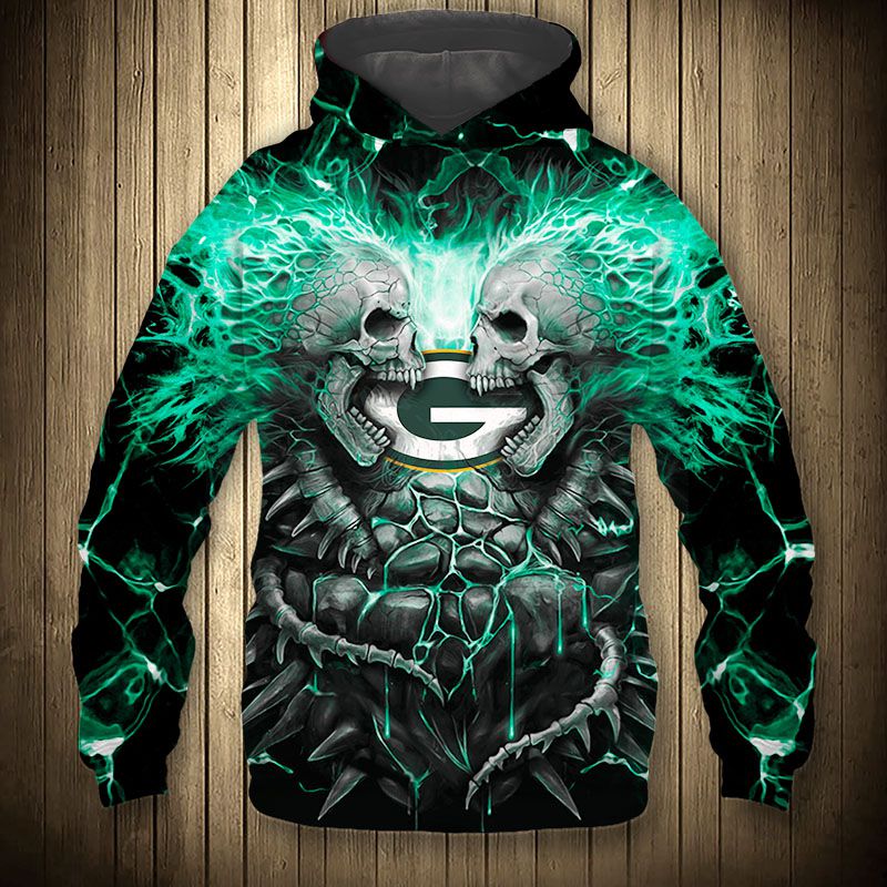 3D Nfl Printed Electric Green Bay Packers Skull Hoodies Halloween Hoodie