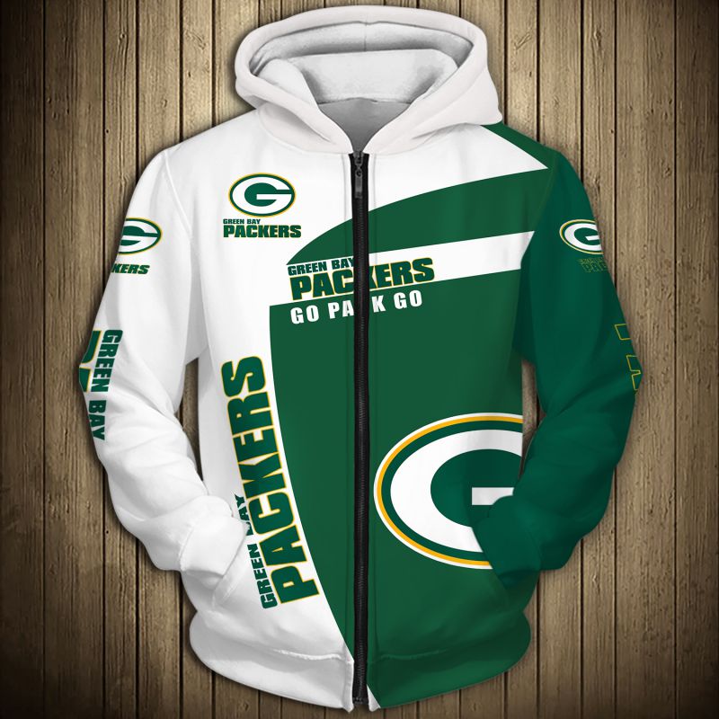 3D Nfl Printed Green Bay Packers Zip Up Hoodies Go Pack Go