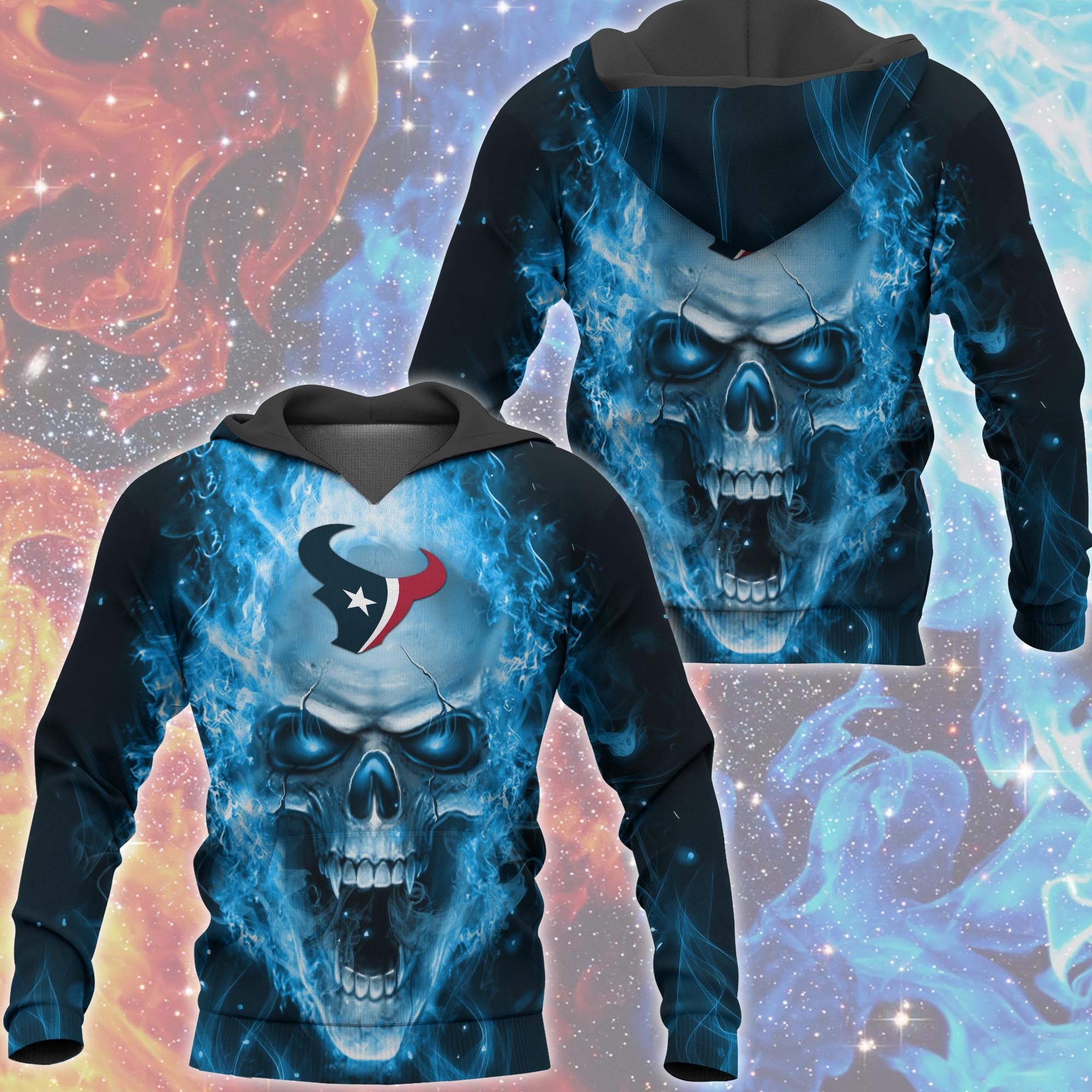3D Nfl Printed Houston Texans Skull Hoodies With Zipper Pullover
