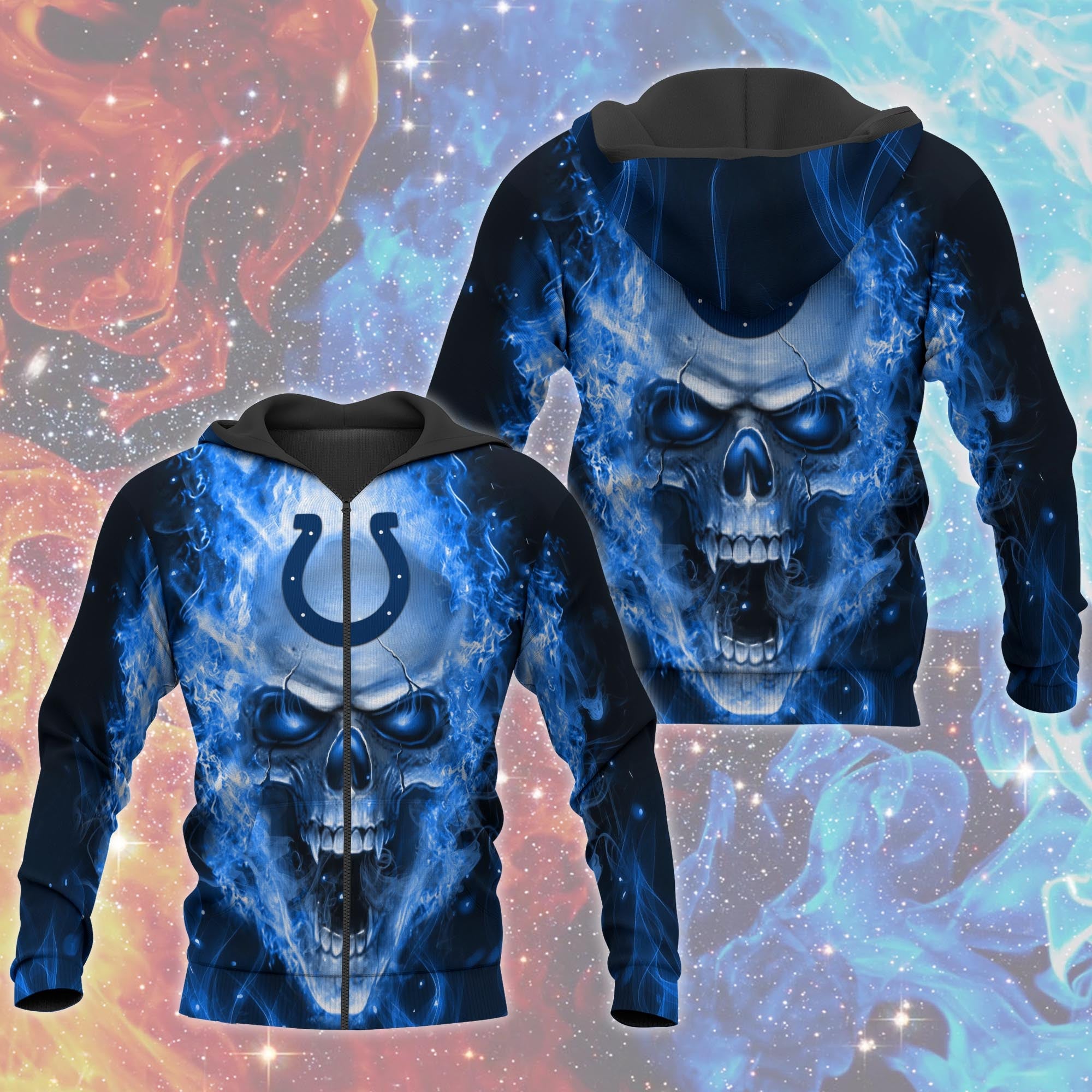 3D Nfl Printed Indianapolis Colts Skull Hoodies With Zipper Pullover