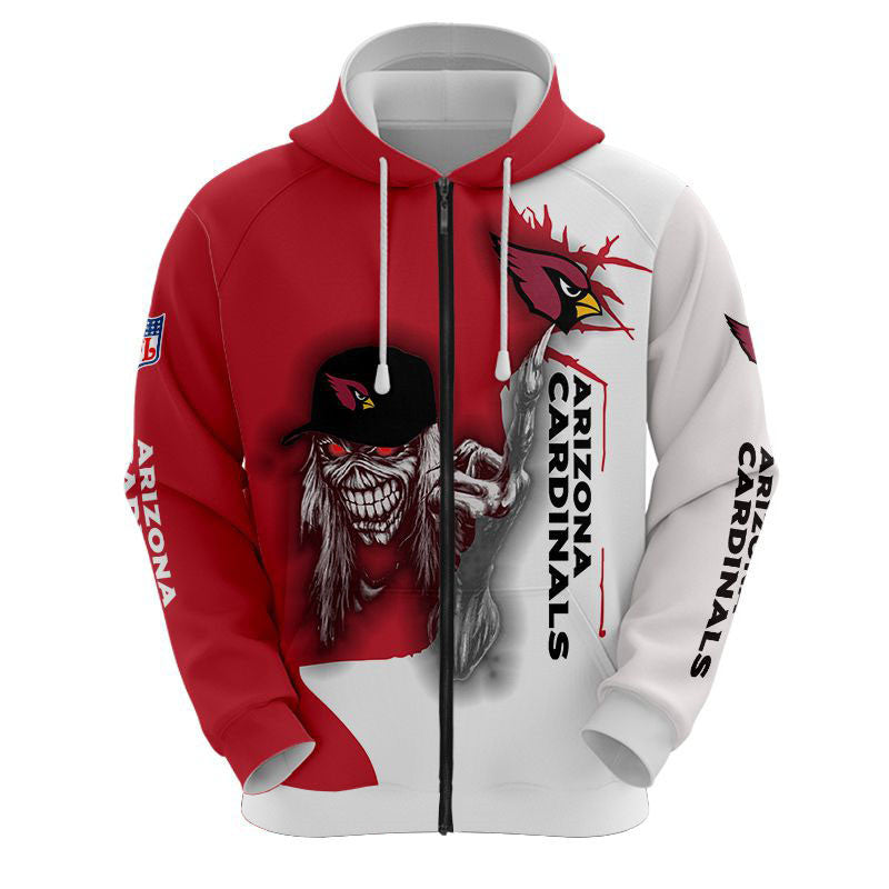 3D Nfl Printed Iron Maiden Arizona Cardinals Zip Up Hoodies Pullover