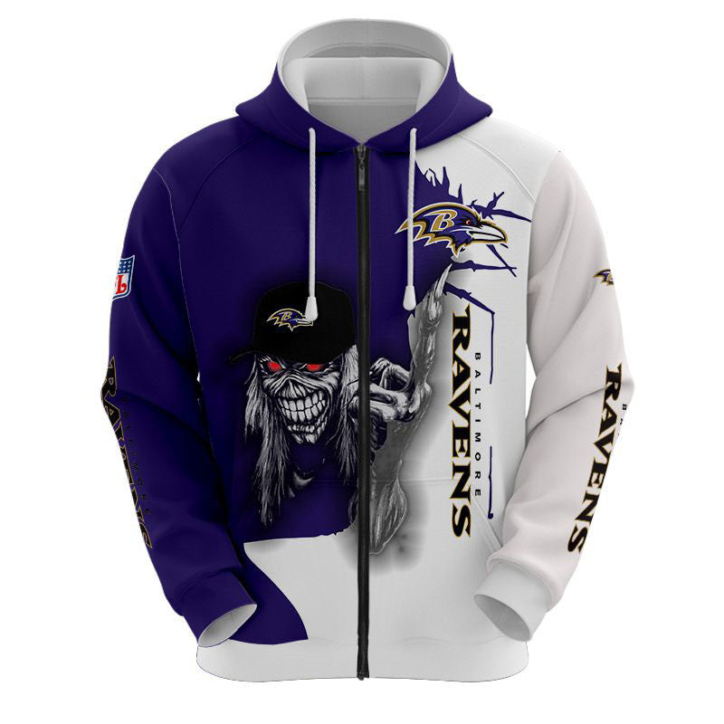 3D Nfl Printed Iron Maiden Baltimore Ravens Zip Up Hoodies Pullover