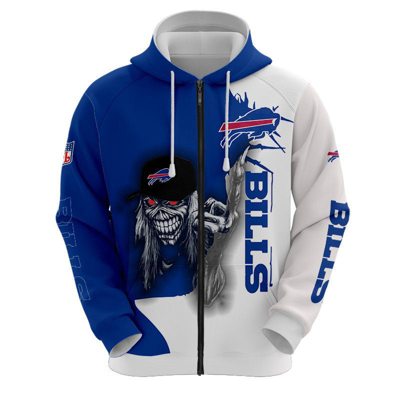 3D Nfl Printed Iron Maiden Buffalo Bills Zip Up Hoodies Pullover