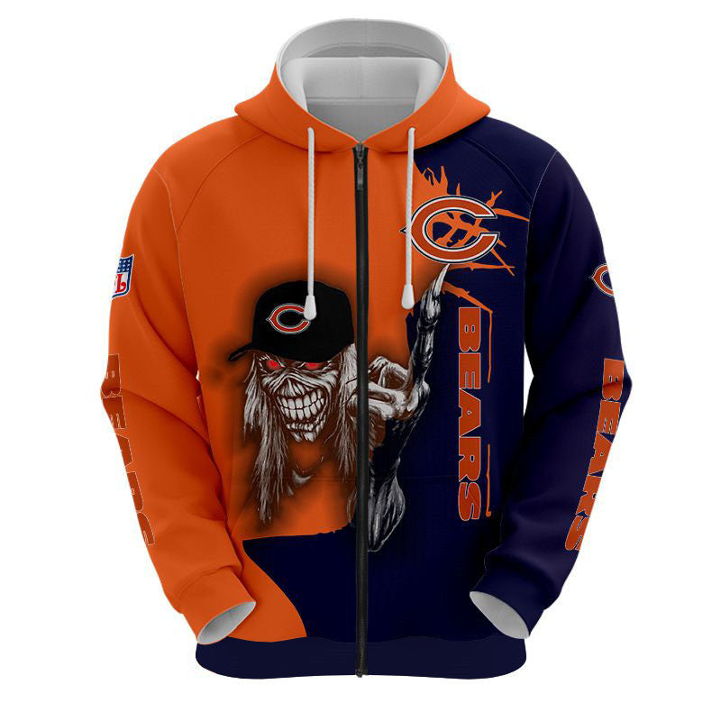 3D Nfl Printed Iron Maiden Chicago Bears Zip Up Hoodies Pullover Hoodies