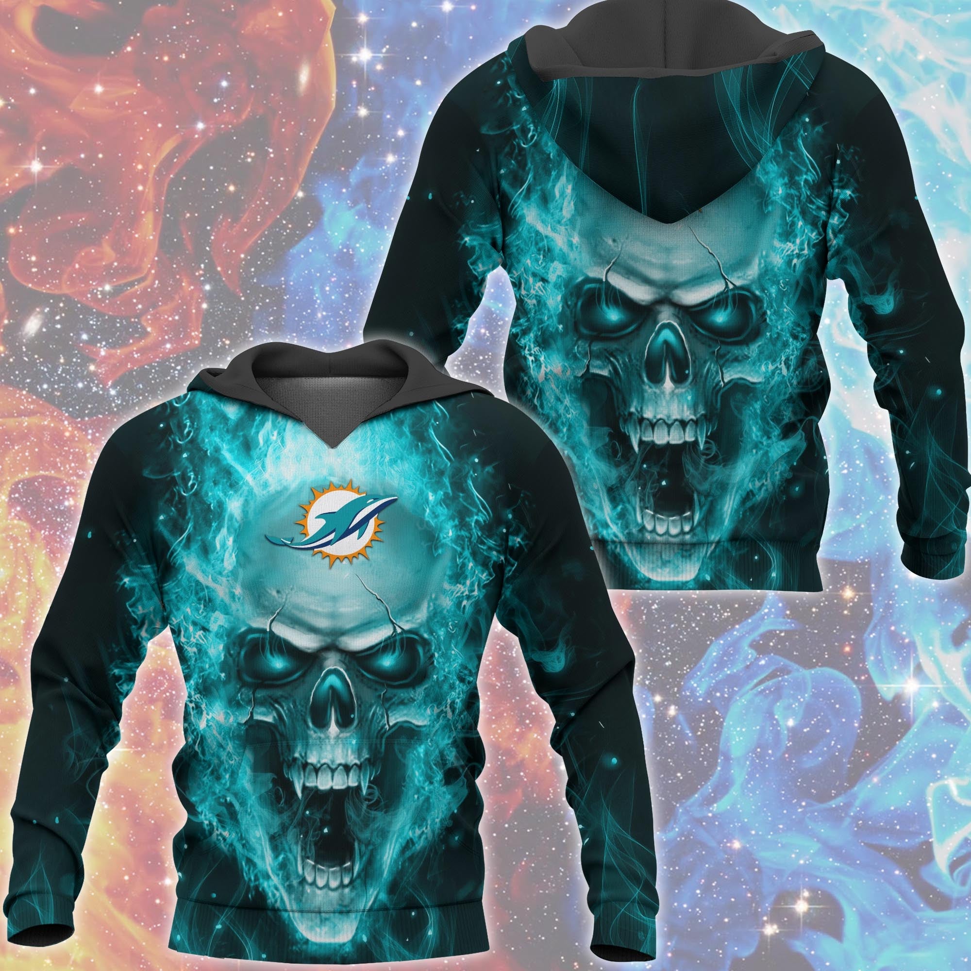 3D Nfl Printed Miami Dolphins Skull Hoodies With Zipper Pullover