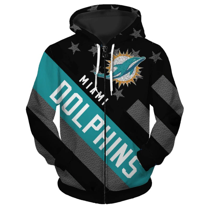 3D Nfl Printed Miami Dolphins Zipper Hoodies Striped Banner