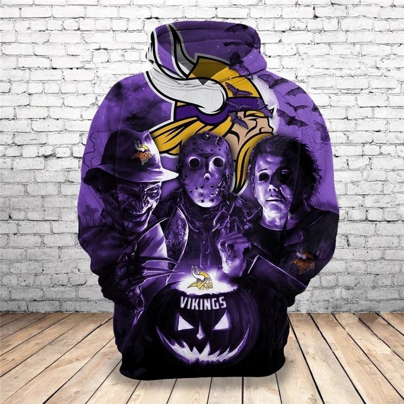 3D Nfl Printed Minnesota Vikings Hoodies Halloween Horror Night Sweatshirt Pullover