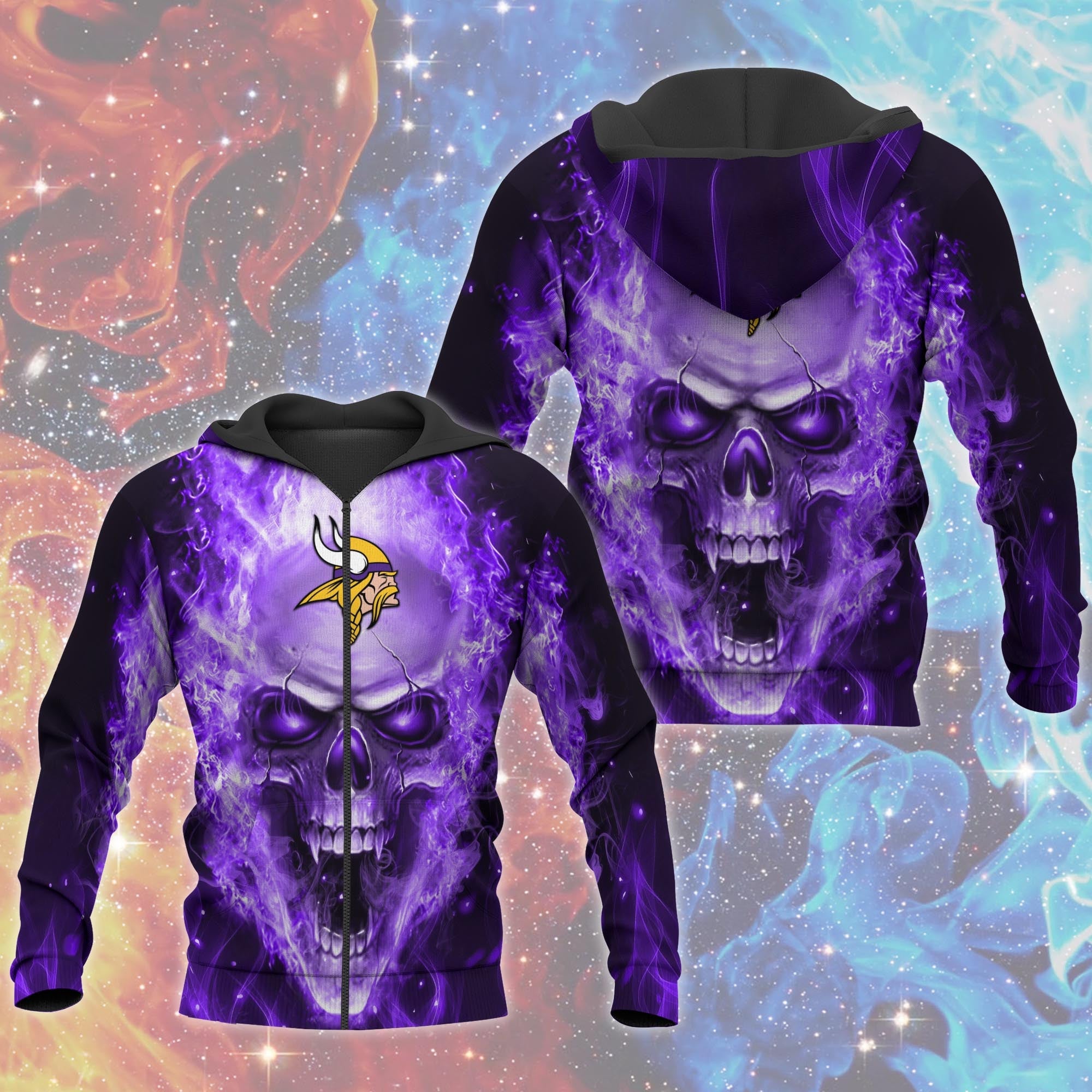 3D Nfl Printed Minnesota Vikings Skull Hoodies With Zipper Pullover