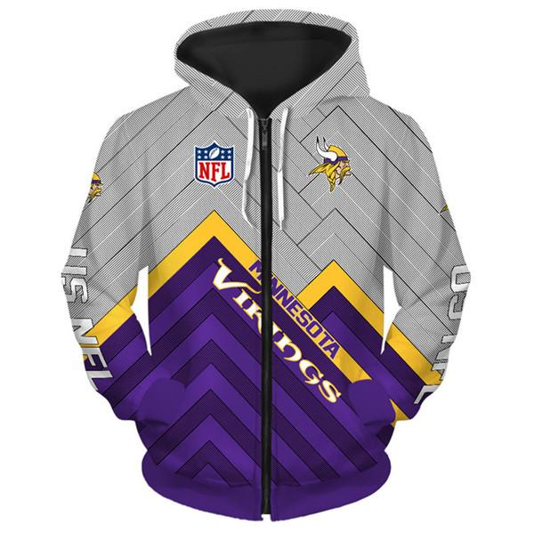 3D Nfl Printed Minnesota Vikings Zip Up Hoodies Sweathsirt Long Sleeve
