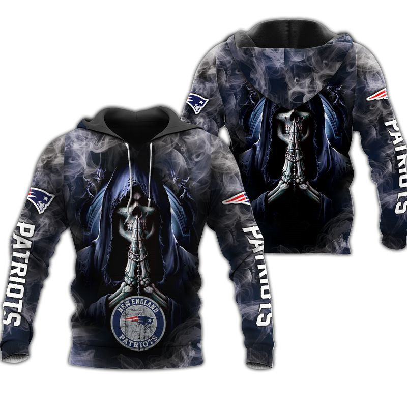 3D Nfl Printed New England Patriots Skull Hoodie Blackground Smoke