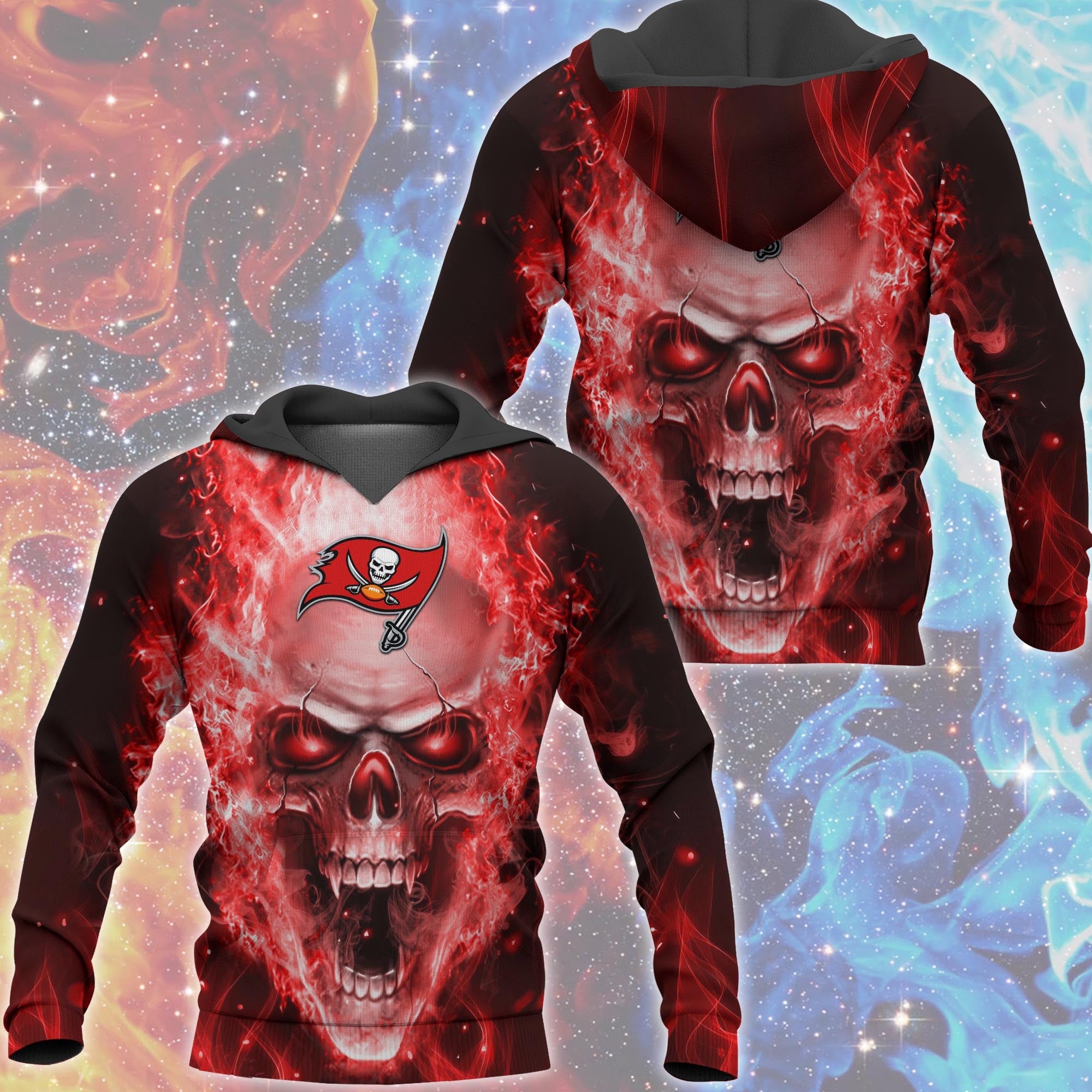 3D Nfl Printed Tampa Bay Buccaneers Skull Hoodies With Zipper Pullover