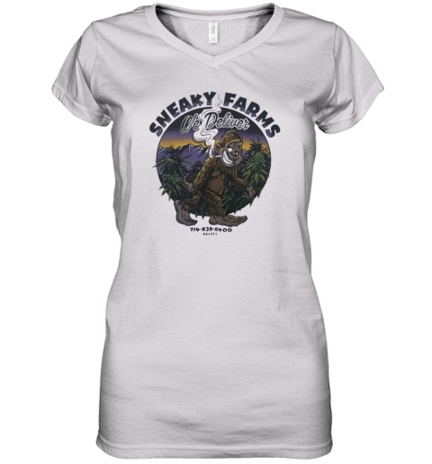 Bigfoot Smoking Sneaky Farms We Deliver Women039S V Neck T Shirt
