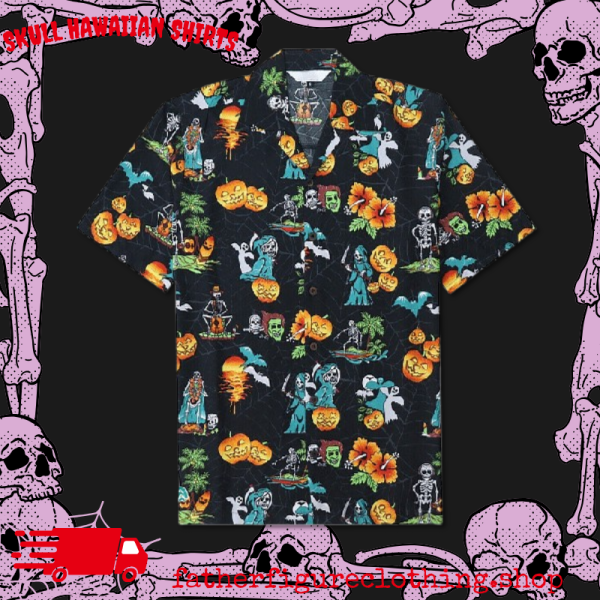 Alvish Pumpkins Skull Button Down Hawaiian Shirt