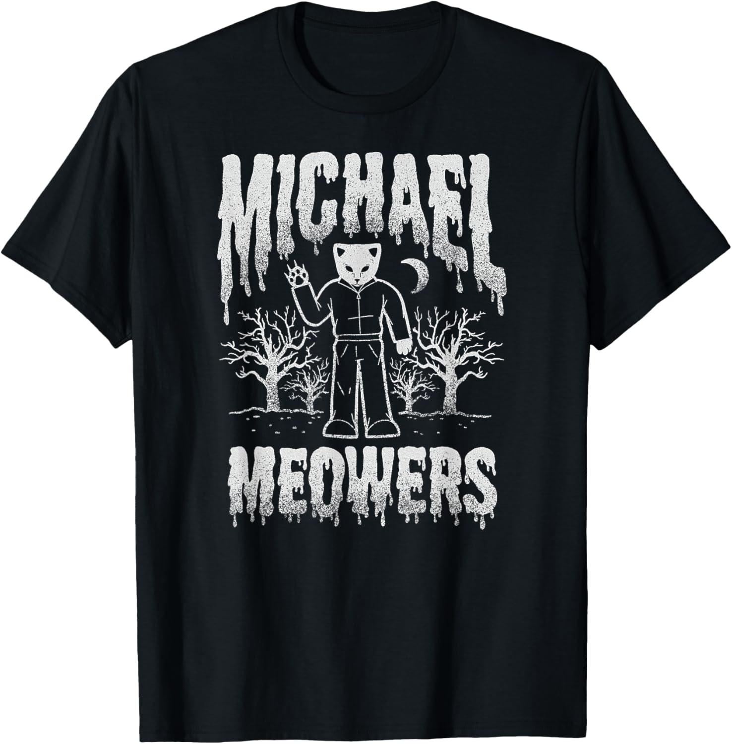 Air Waves Halloween Michael Meowers T-Shirt - Black, Unisex-Adults, Short Sleeve, Classic Fit, Crew Neck, Size 6 (US)