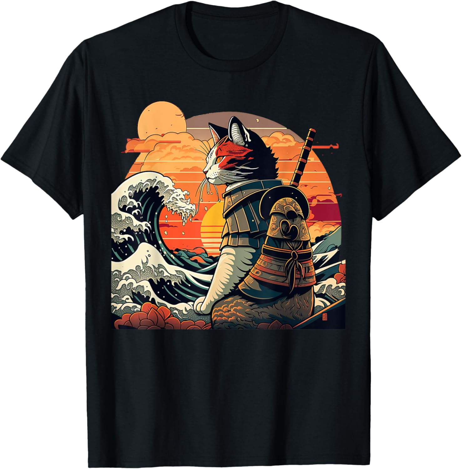 Japanese retro samurai cat The Great Wave by Hokusai