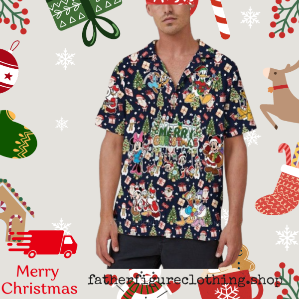 Disney Merry Christmas Hawaiian Shirts Mickey Minnie Button Disneyland