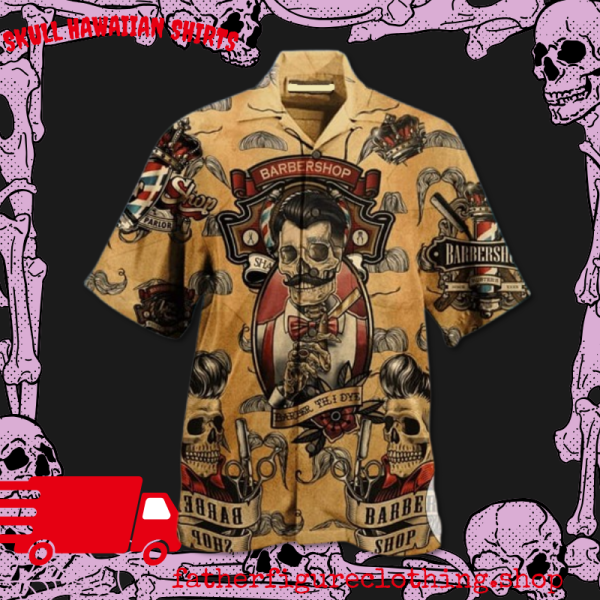 Barber Shop Stylishly Daring Skull Design Enhances Hawaiian Shirt