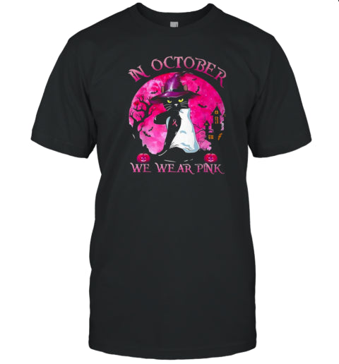 Black Cat Kitten In October We Wear Pink Halloween T Shirt