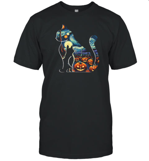 Black Cat Pumpkin Starry Sky Halloween Teacher T Shirt