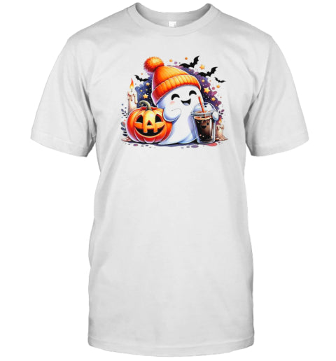Cute Ghost Drinking Coffee Spice Halloween Ghost Ice Coffee T Shirt