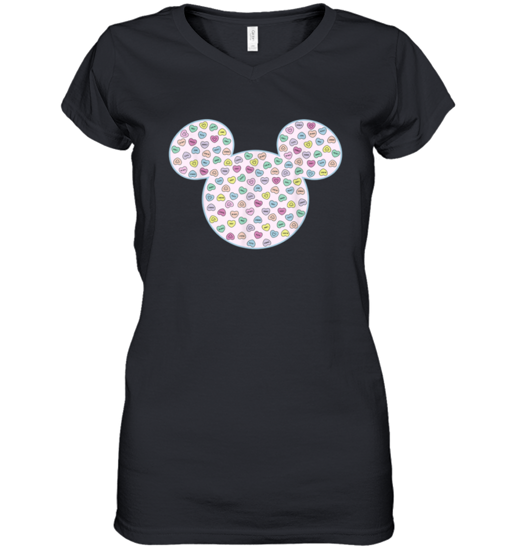 Disney Mickey And Friends Candy Hearts Ear Fill Womens V Neck T Shirt