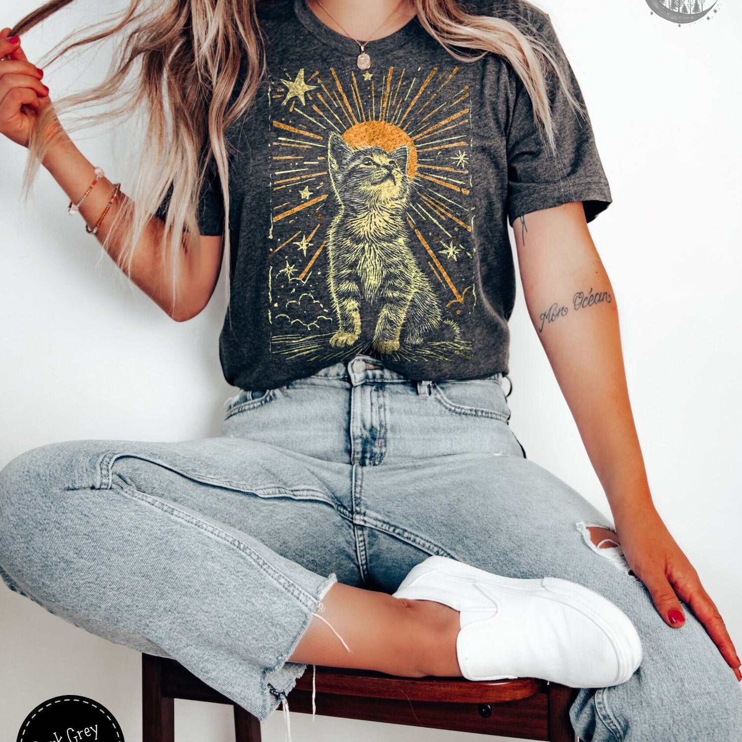 Cute Cat Sunburst Boho Shirt, Celestial Folklore Kitty TShirt, Alternative Grunge T-Shirt, Cat Lover Gift For Women Whimsigoth Tee Weirdcore