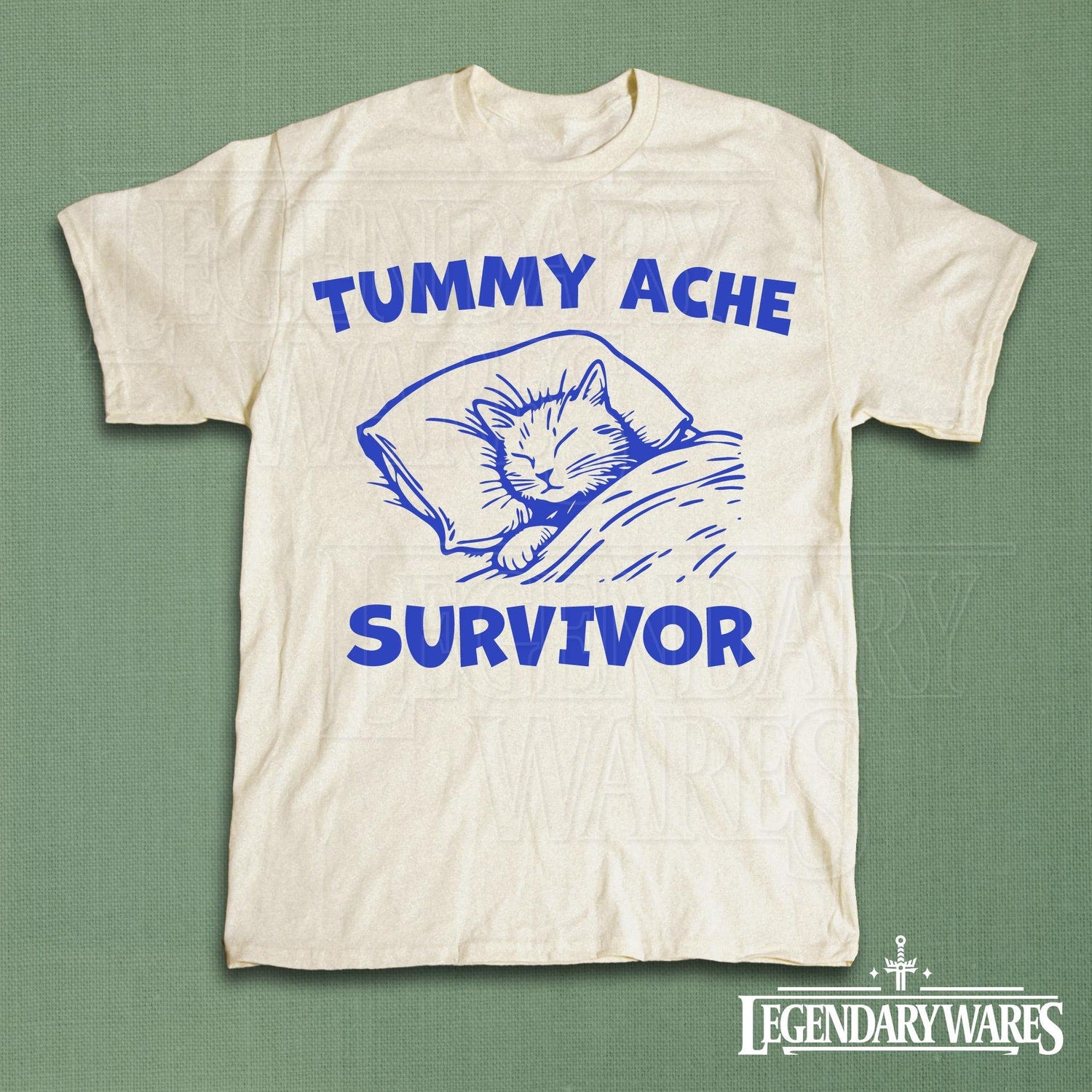 Funny Cat in Bed Graphic Tee, Tummy Ache Survivor Shirt, Silly Animal Humor Tshirt, Playful Vintage Unisex Tee, Ironic Cat Lover T-Shirt