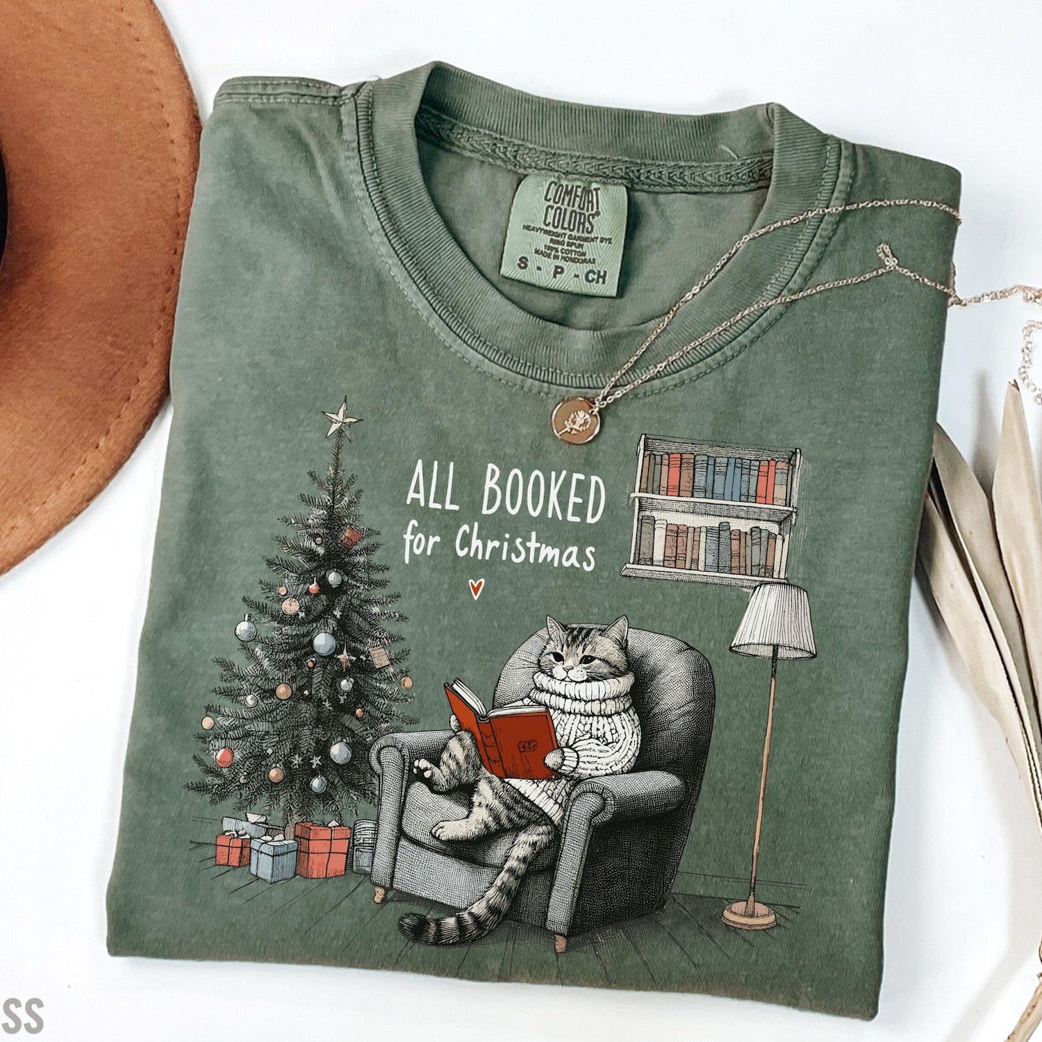 All Booked for Christmas Shirt, Bookish Cat Shirt, Womens Christmas Shirt, Cute Winter Shirt, Christmas Shirt, Gift For Christmas, Gift