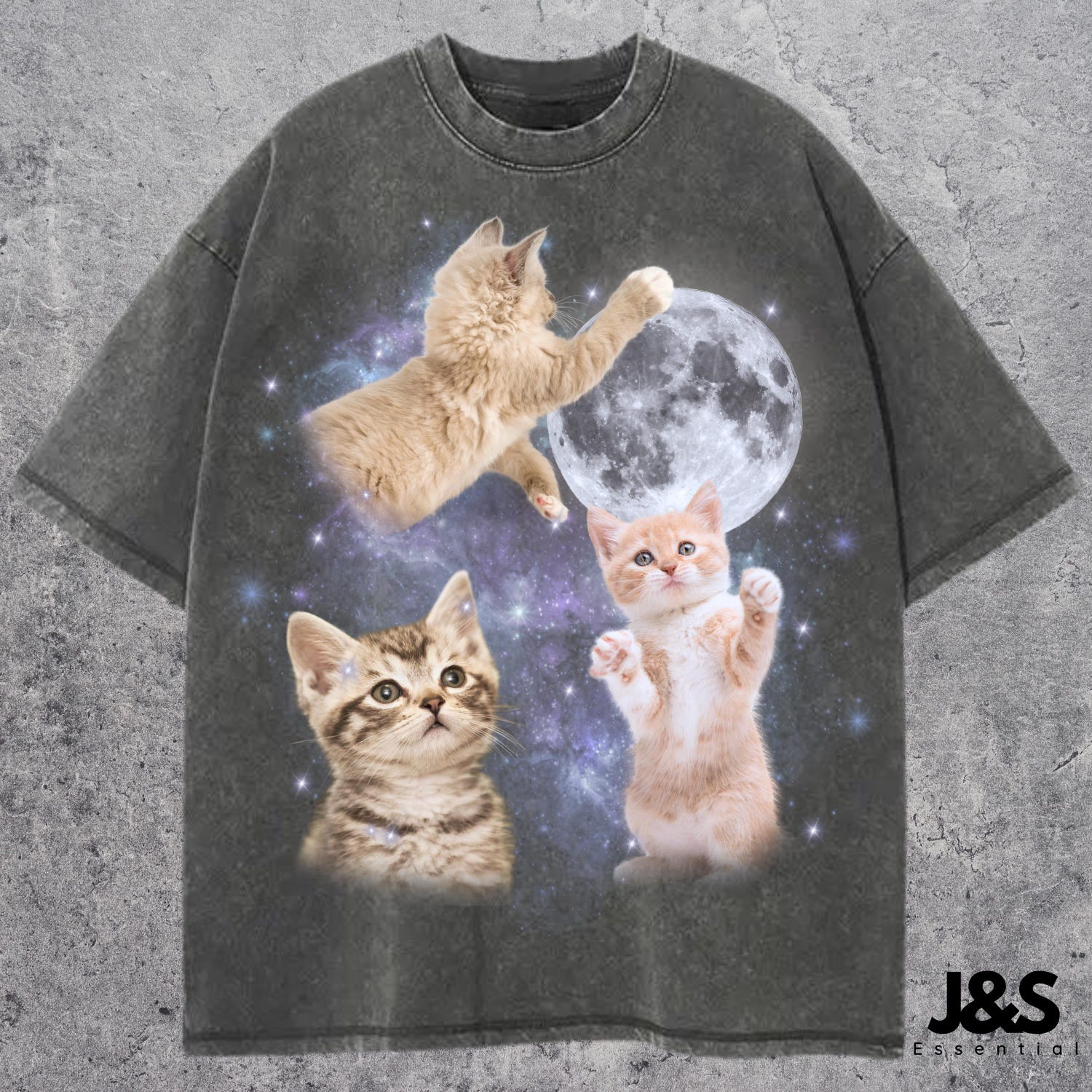 Three Cats Retro Moon Graphic T-shirts, Vintage Cat MoonMeme Tshirt, Cat Lovers, Funny Cat Tee, Oversized Washed Tee, Weird Meme T Shirt