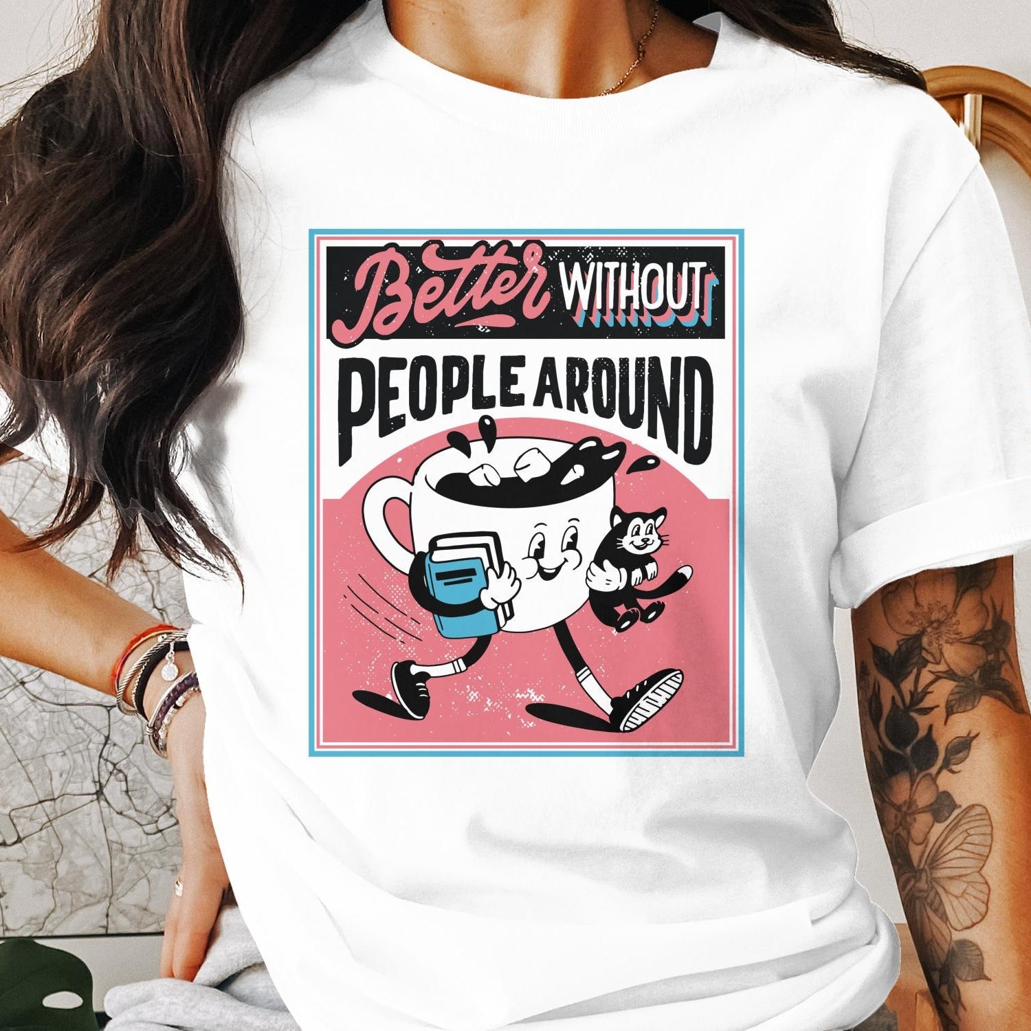 Anti Social Coffee Cat Unisex T-shirt, Funny Introvert Shirt, Vintage Coffee Cat Lover Gift Tee