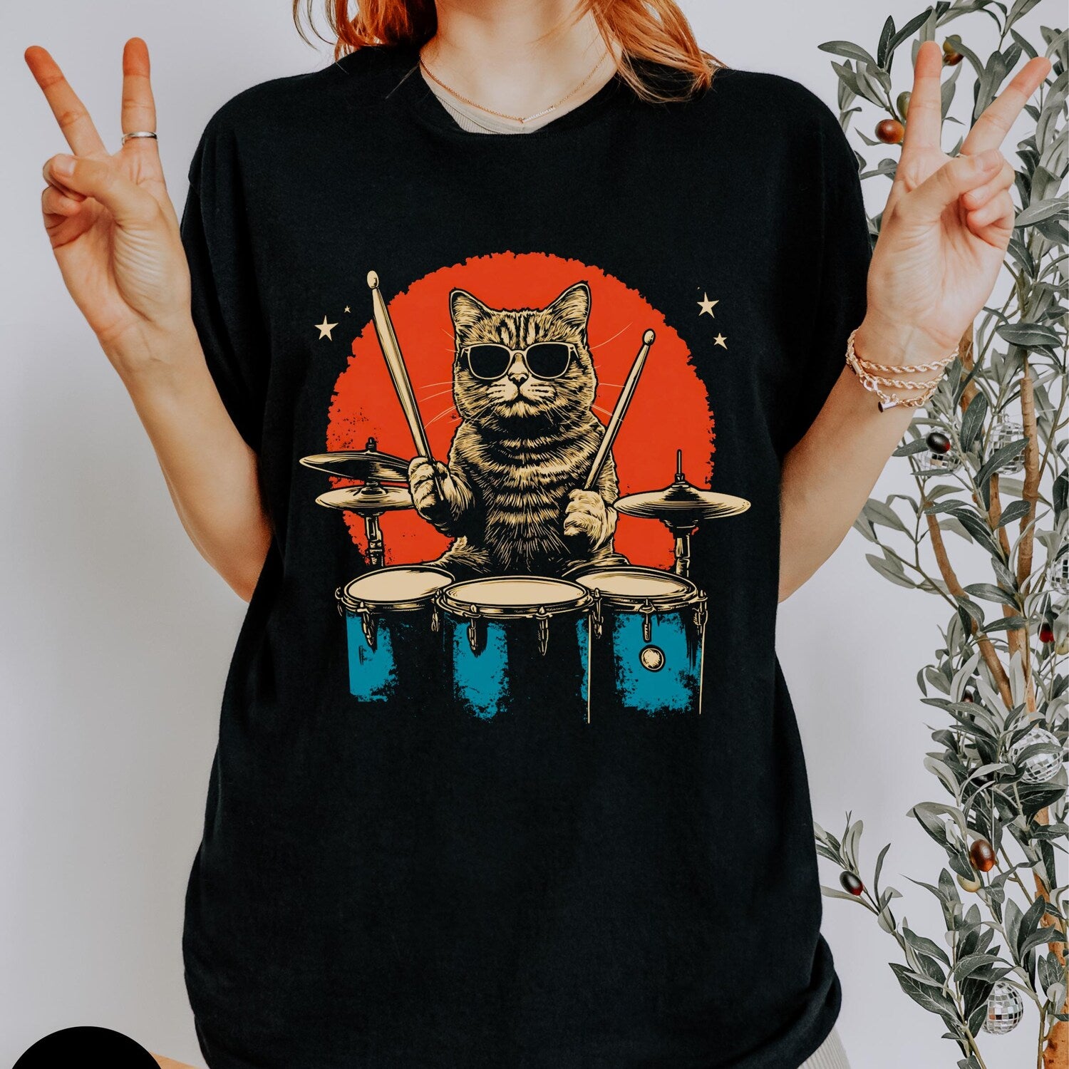 Cat playing drums shirt, Drummer gift, Meow, Musician, Funny cat shirt, Music teacher gift, Cat lover, Gift for drummer