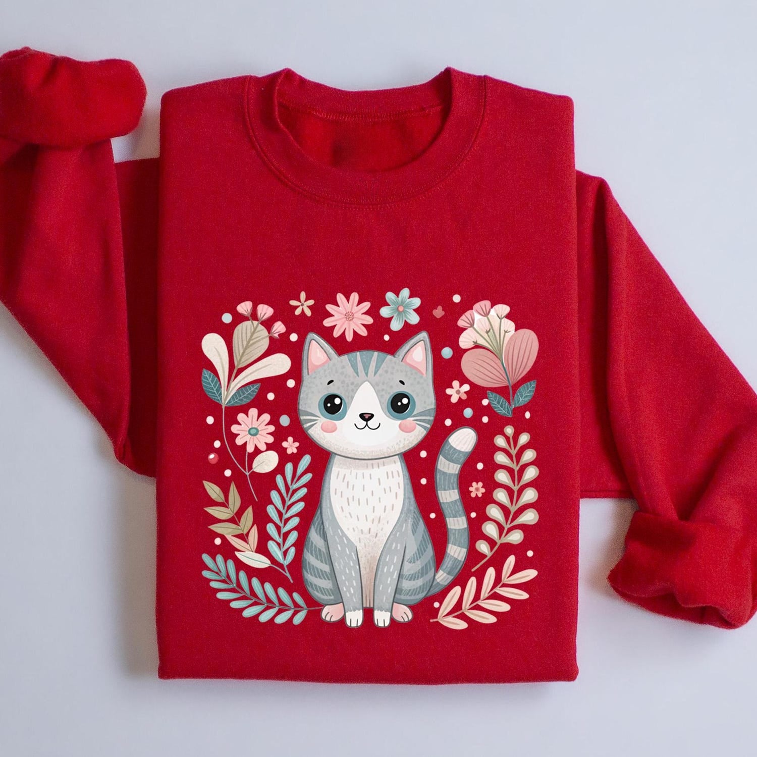 Cute Cat Sweatshirt, Floral Kitty Pullover, Cozy Animal Lover Sweater, Adorable Cat Crewneck, Gift for Cat Owners, Cat Lover T-shirt