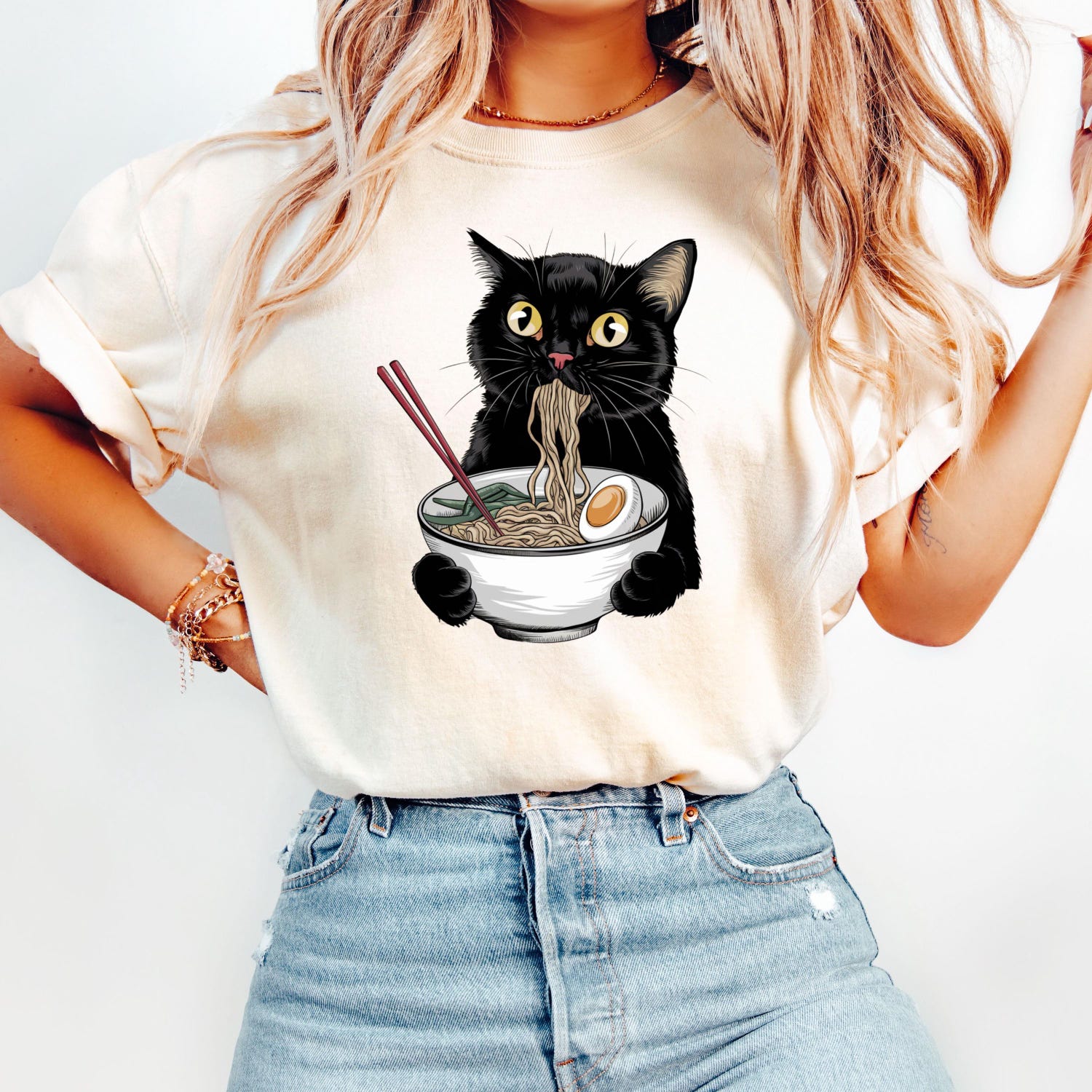 Comfort ColorsÂ® Noodle Cat Shirt, Cute Cat T-Shirt, Cat Owner Shirt, Cat Lover Gift,  Ramen Cat Shirt, Retro Cat Shirt