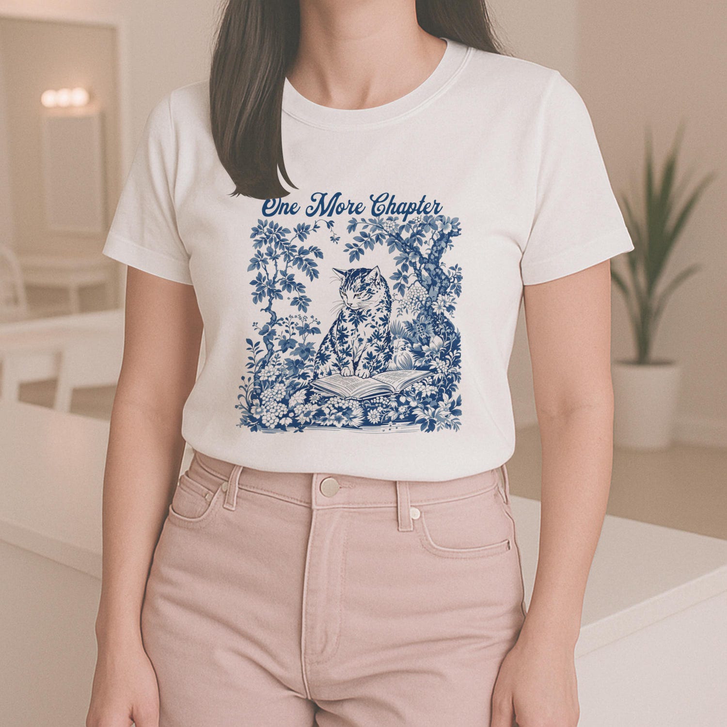 Literary Chinoiserie Cat T-Shirt: Book Lover Cozy Reading Apparel