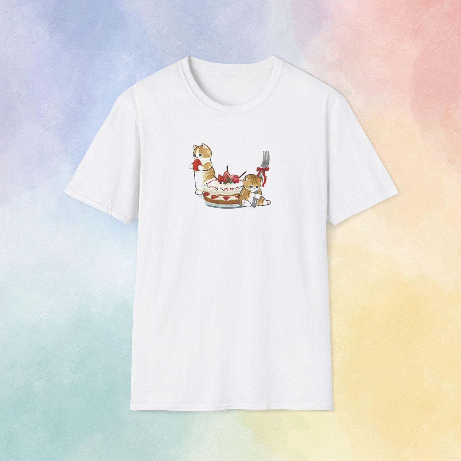 Strawberry Cake Mofusand T-Shirt | Cute Cat Unisex Tee |Kawaii Aesthetic Shirt|Pastel Japanese Style Top|Gift for Cat Lovers|Soft Cotton Tee