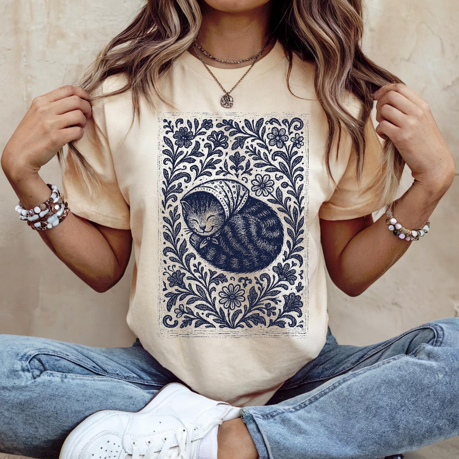 Babushka Cat T-Shirt: Vintage Linocut Style, Tabby Cat Lover Gift