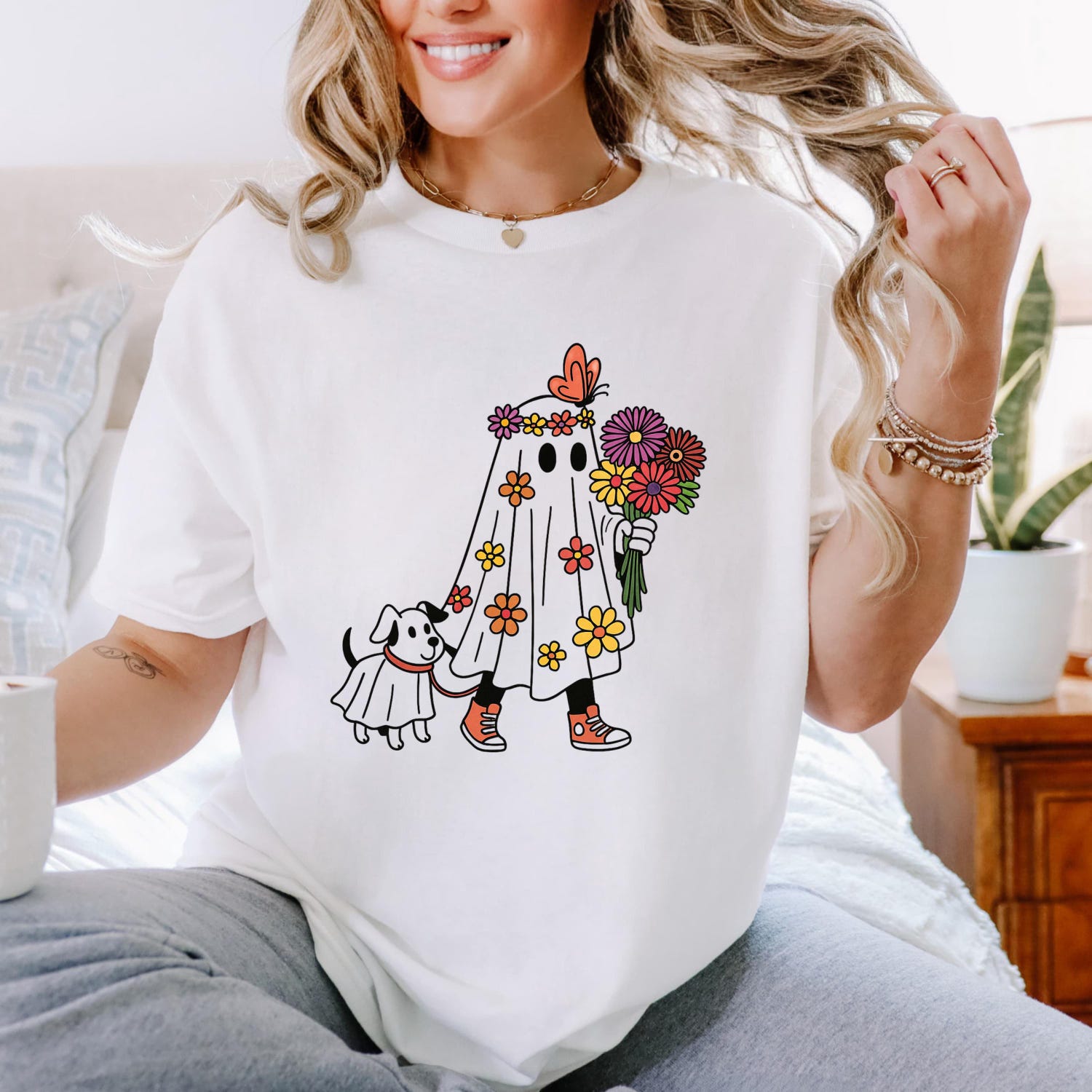Whimsical Ghost Dog Mom T-Shirt: Floral Pet Lover Tee
