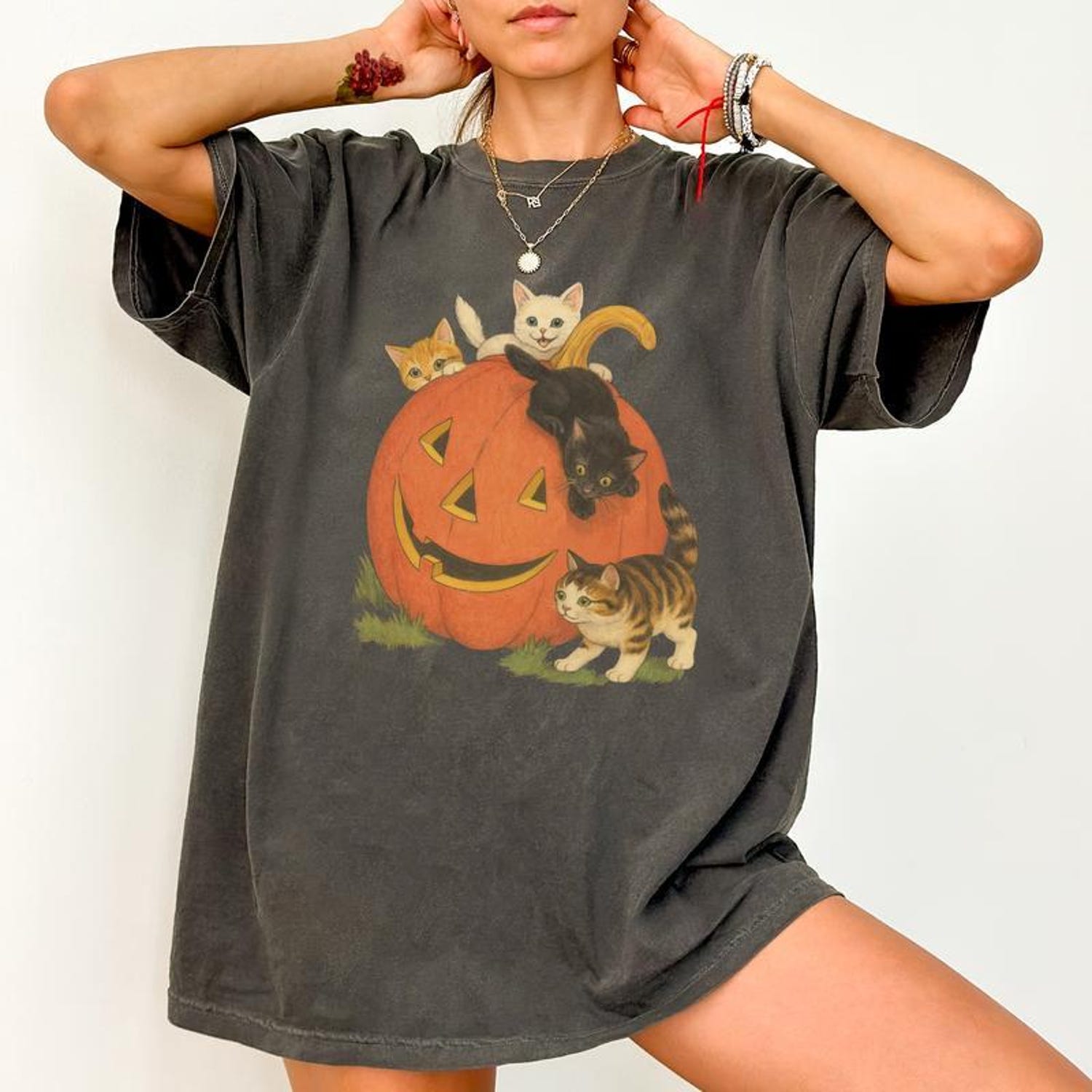 90s Retro Halloween Cat Comfort Colors T-Shirt | Vintage Fall Vibes Tee | Spooky Cat Graphic