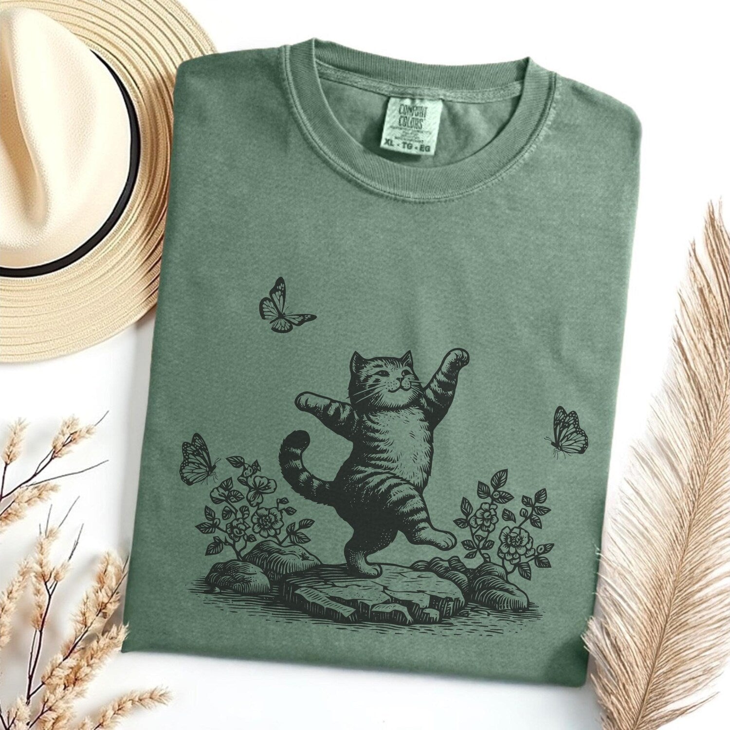 Dancing Cat T Shirt, Cottagecore, Cat Lover Graphic Tee, Comfort Colors 1717, Cool Cat Mom Dad Shirt, Whimsical Minimalist Kitten Floral Tee