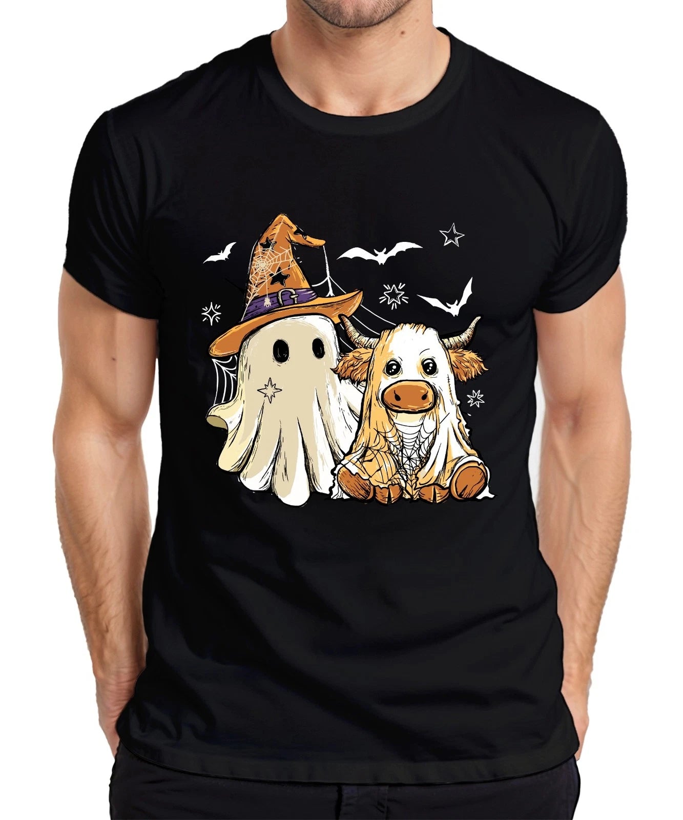 Halloween Kuh Geist Süßes Kostüm Spinnennetz Hexenhut Cartoon Herren T-shirt