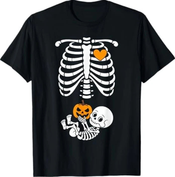 Halloween Skeleton Baby Rib Cage Maternity Pregnant Pumpkin T-shirt
