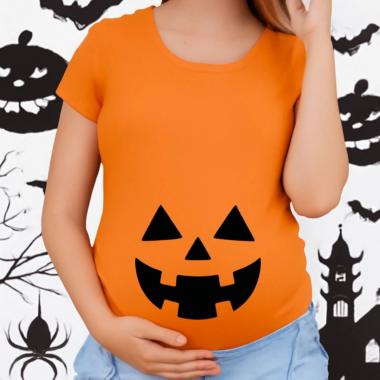 Funny Pumpkin Face T-shirt Printed Halloween Pregnancy Maternity Adults Tee Top