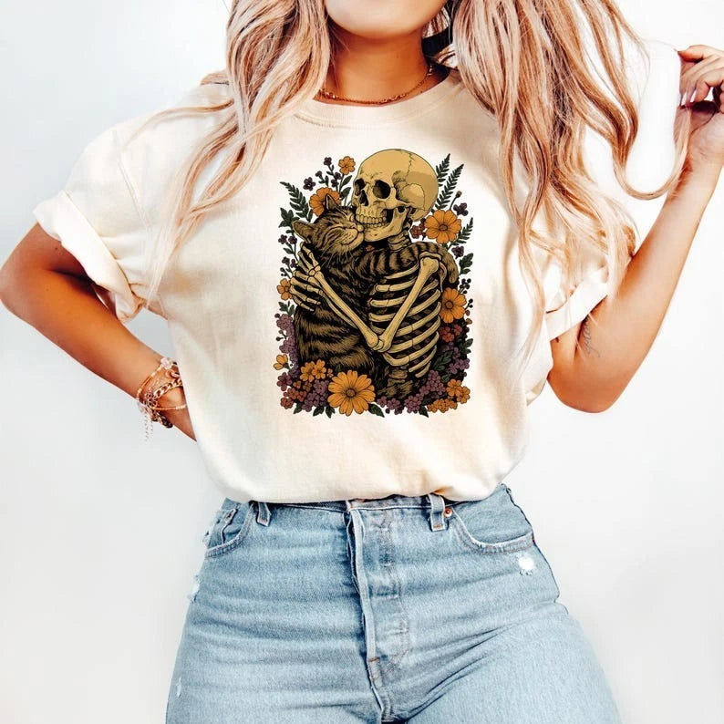 Floral Skeleton Cat Shirt, Spooky Halloween Tee, Skeleton Hugging Kitty Shirt