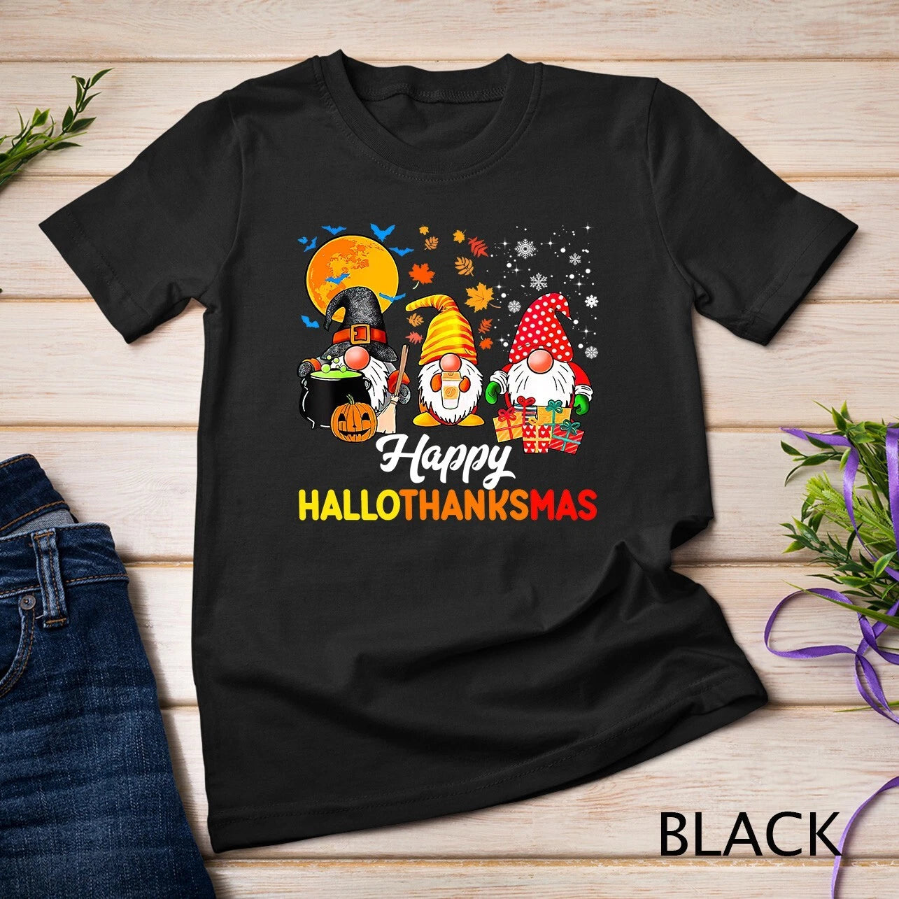 Gnomes Halloween Thanksgiving Christmas Happy Hallothanksmas Unisex T-shirt